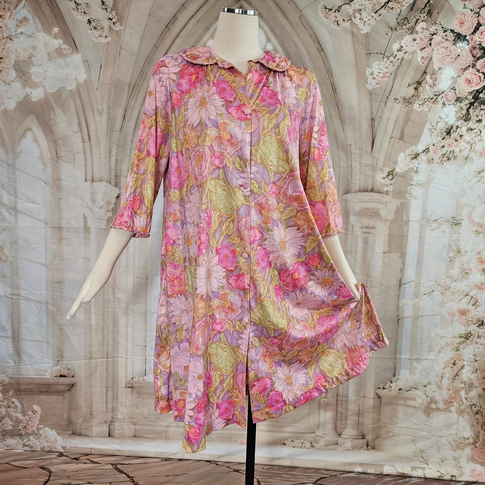 Vintage 1960's Robe Lingerie Pajamas Pink Purple Green Floral Mod Buttons Collar